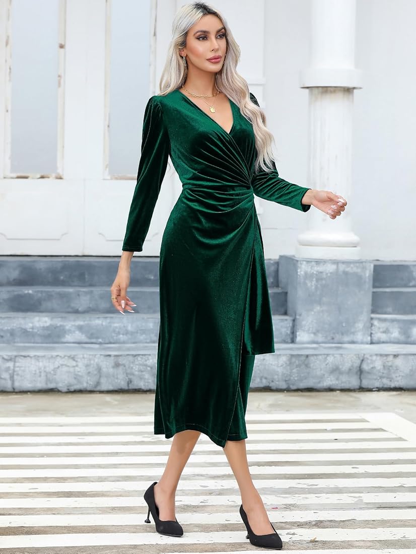 Buy R.Vivimos Womens Velvet V Neck Wrap Dress Fall Winter Long